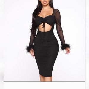 Fashion Nova bodycon black sexy dress mesh with feather cuffed sleeves